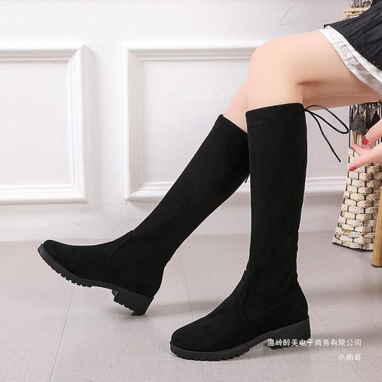 Damen Überknee-Stiefel mit samtiger Oberfläche und verstellbarem Schnürdetail EB