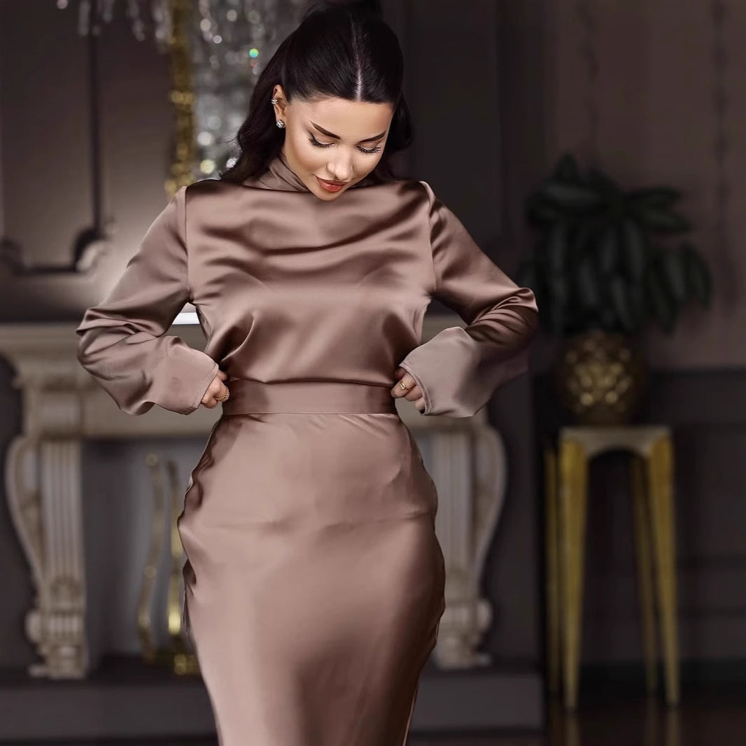 Damen Elegantes bodenlanges Kleid mit hochgeschlossenem Kragen und fließendem Schnitt EB