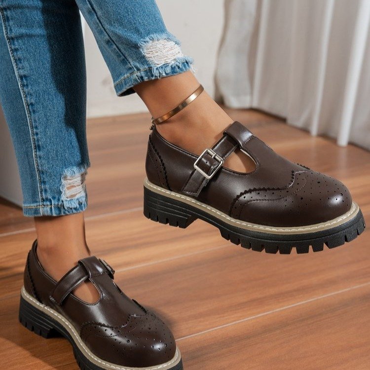Damen Elegante Schnürschuhe mit Brockmuster und Blockabsatz EB