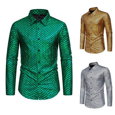 Herren schimmerndes Langarmhemd mit Fischschuppen-Design EB