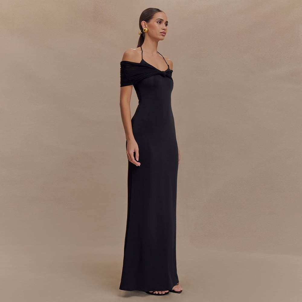 Damen Elegantes Maxi-Kleid mit schulterfreien Raffungen EB