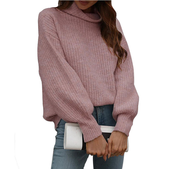 Damen Oversized Strickpullover mit hohem Kragen und Rippstruktur EB