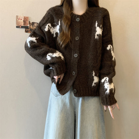 Damen Gemusterter Strickcardigan mit tierischem Motiv und bequemen Oversized-Schnitten EB