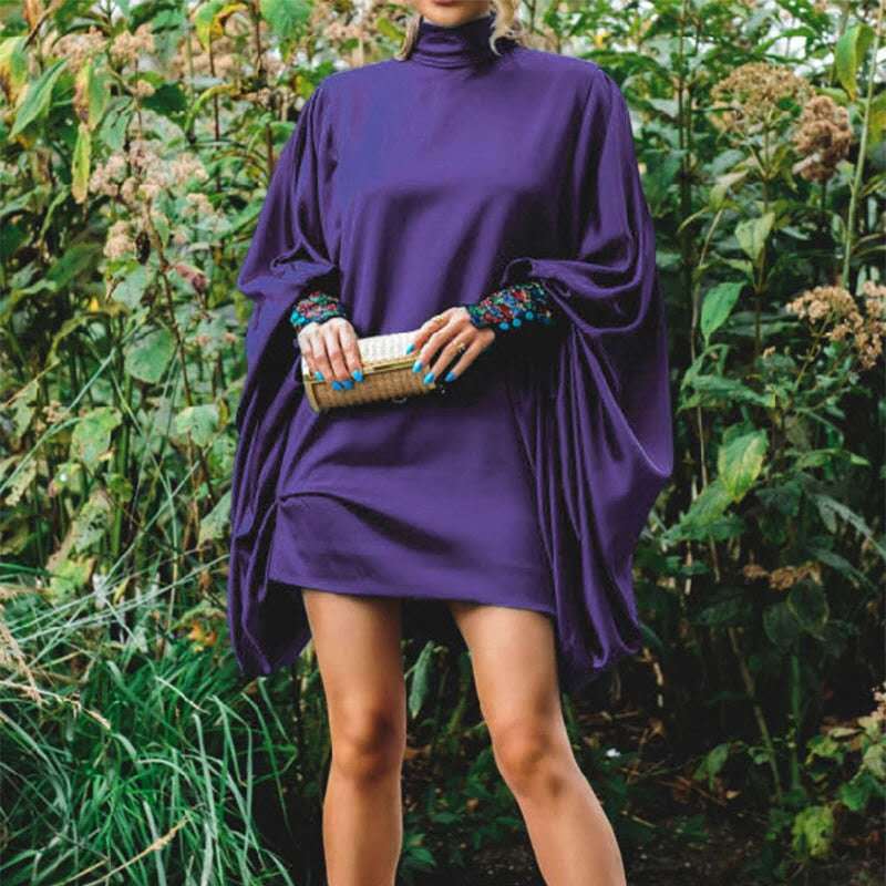 Damen modisches Übergröße Minikleid mit voluminösen Ärmeln und elegantem Stehkragen EB