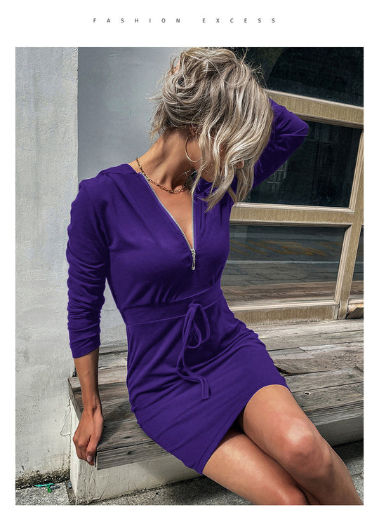 Damen Kapuzenkleid mit Reißverschluss und Taillenzug EB