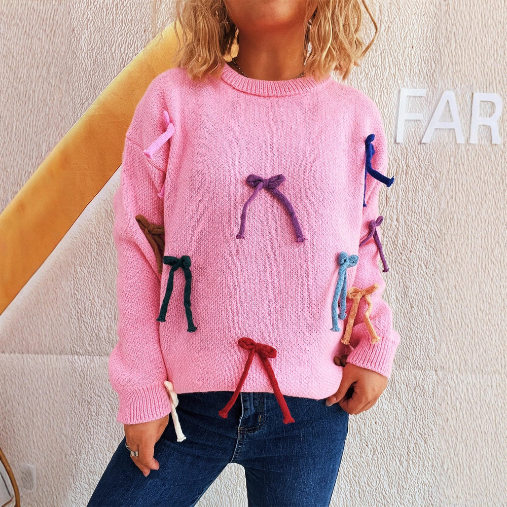 Damen kreativer Pullover mit bunten Schleifenakzenten EB