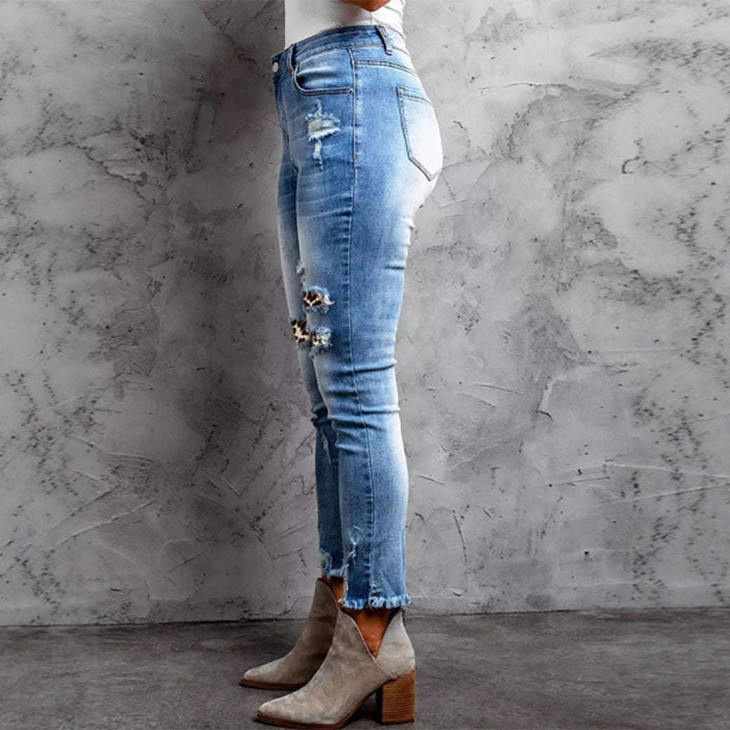 Damen Skinny Jeans im aufregenden Animal-Print mit stylishen Rissen EB