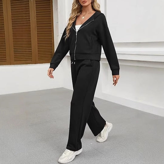 Damen nan Casual-Lounge-Set mit taillierter Zip-Kapuzenjacke, Kordelzug und weitem Palazzo-Jogger EB