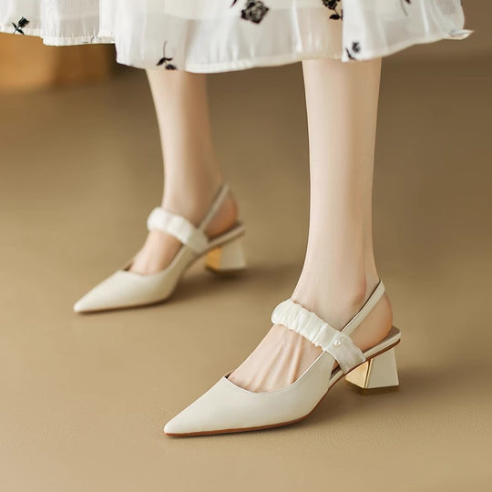 Damen Sling-Pumps mit dekorativem Riemchen und goldenem Blockabsatz EB