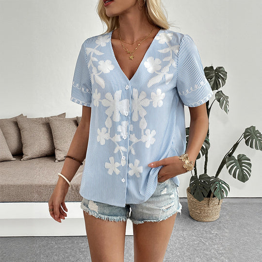 Damen Kurzärmlige Bluse mit floralem Print und V-Ausschnitt EB