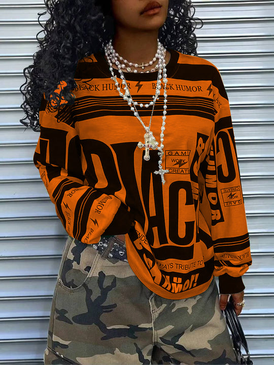 Damen Oversize‑Longsleeve Sweatshirt mit Allover‑Grafik, Rundhalsausschnitt und gerippten Bündchen EB