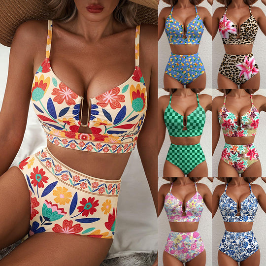 Damen Hoch geschnittener Bikini mit floralem Muster und Leo-Print EB