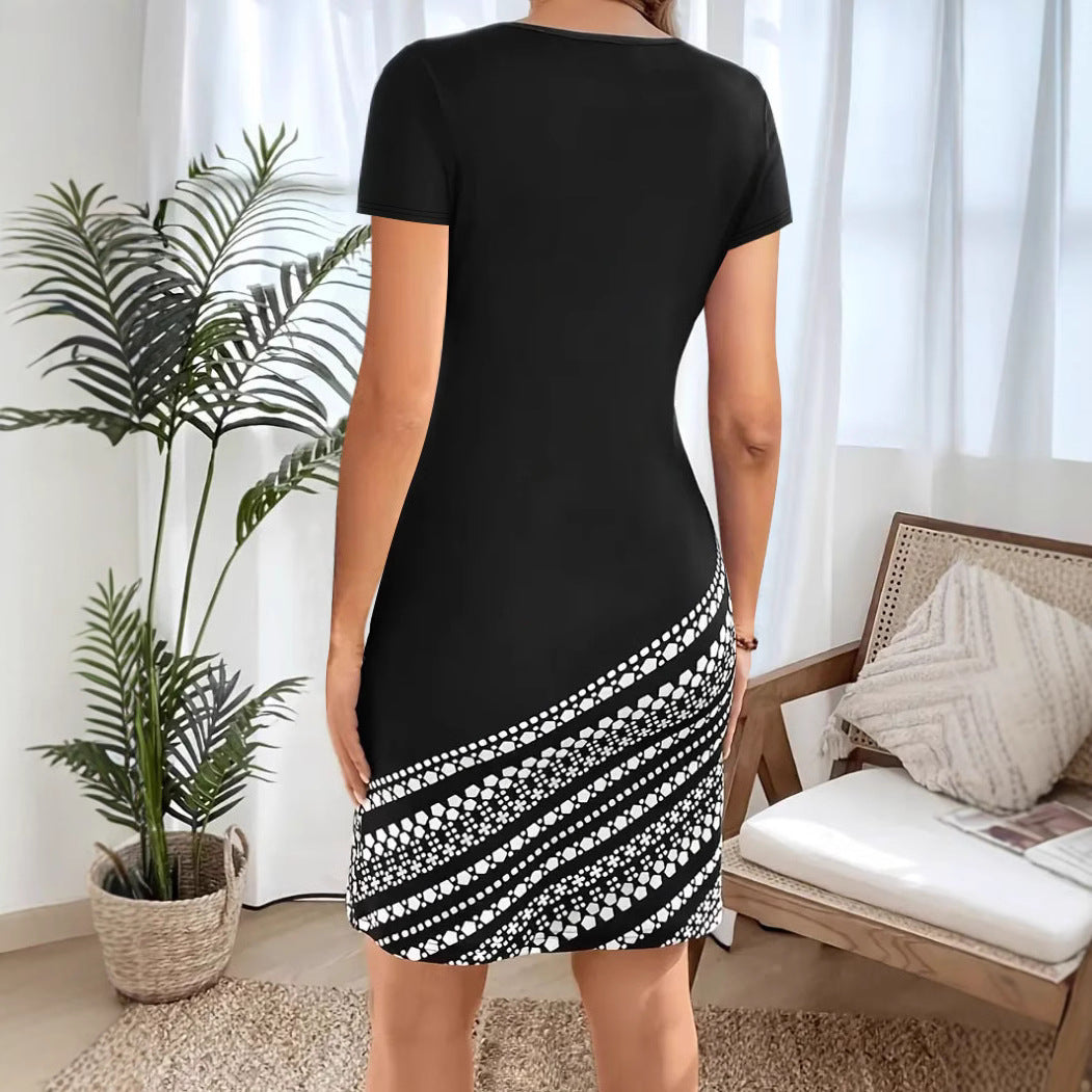 Damen figurbetontes Kurzarmkleid mit grafischem Design und Rundhalsausschnitt EB