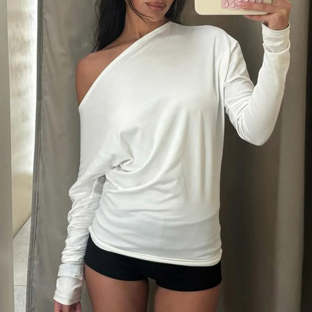 Damen nan asymmetrisches Off-Shoulder Longsleeve mit taillierter Silhouette und Daumenloch-Ärmeln EB