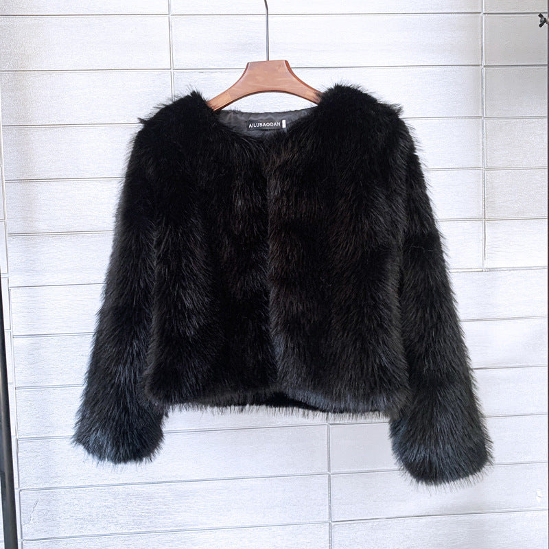 Damen Flauschige Kurzjacke aus hochwertigem Kunstfell mit eleganten Ärmeln EB