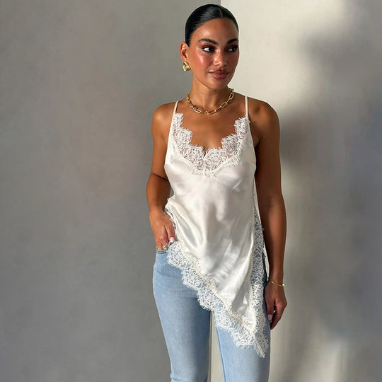 Damen Spitzentop mit asymmetrischem Schnitt und feinen Trägern EB