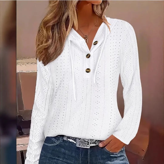 Damen lässiges Hoodie-Oberteil mit Knopfleiste und modernem Lochmuster EB