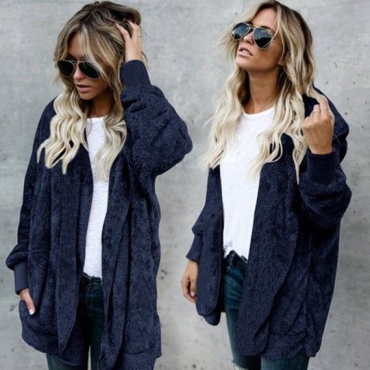 Damen Kuschelige Teddy‑Fleece‑Cardigan mit Kapuze, Oversize‑Schnitt und aufgesetzten Taschen EB