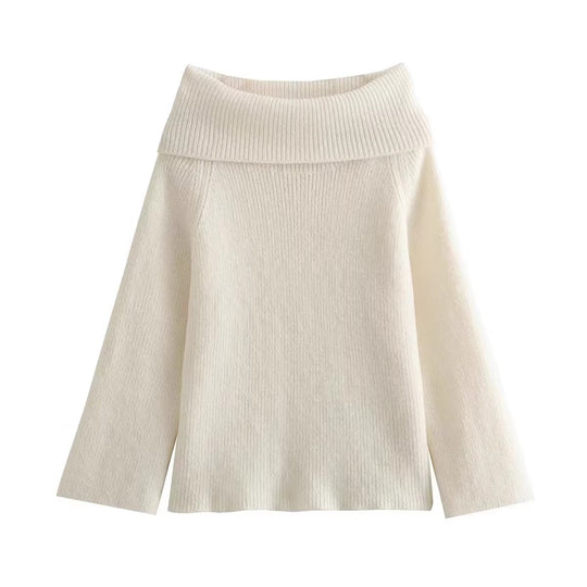 Damen eleganter, hochgeschlossener Strickpullover mit weitem Kragen EB