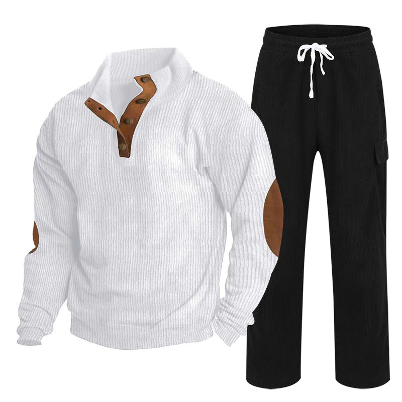 Herren nan strukturiertes Cord-Henley-Loungewear-Set mit Ellenbogenpatches und Cargo-Jogpant EB