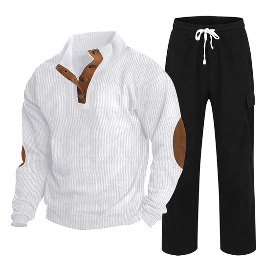 Herren nan strukturiertes Cord-Henley-Loungewear-Set mit Ellenbogenpatches und Cargo-Jogpant EB