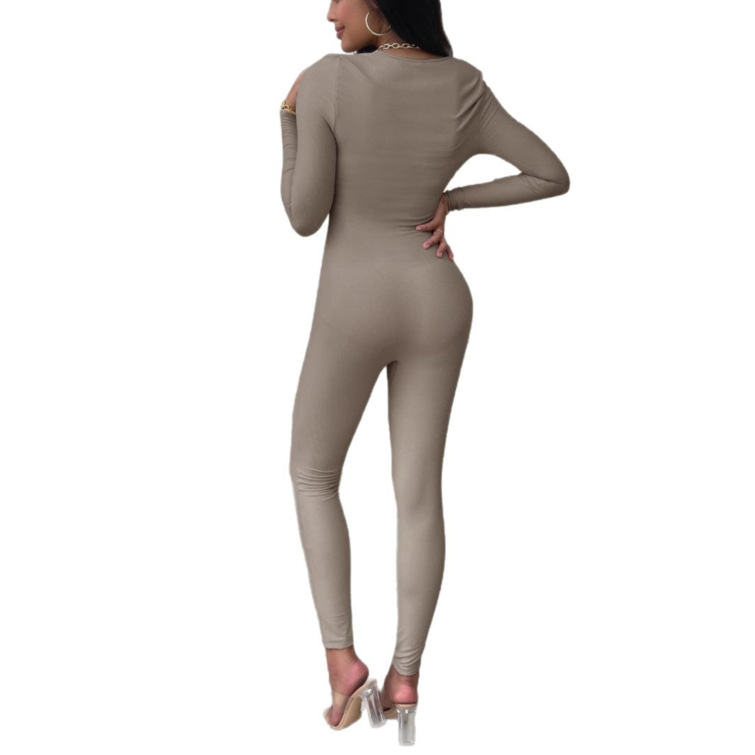 Damen nan figurbetonter Ripp‑Jumpsuit mit quadratischem Ausschnitt, Longsleeves und Sculpting‑Passform EB