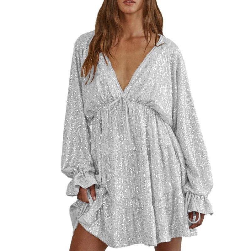 Damen Funkelndes Festkleid mit V-Ausschnitt und Rüschendetails EB