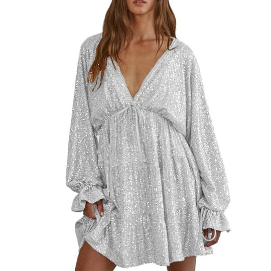 Damen Funkelndes Festkleid mit V-Ausschnitt und Rüschendetails EB