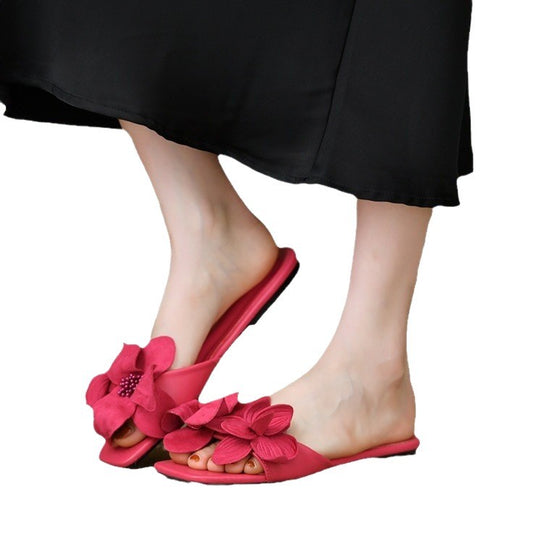 Damen Flache Sandalen mit dekorativer Blumenapplikation und komfortabler Fußbett EB