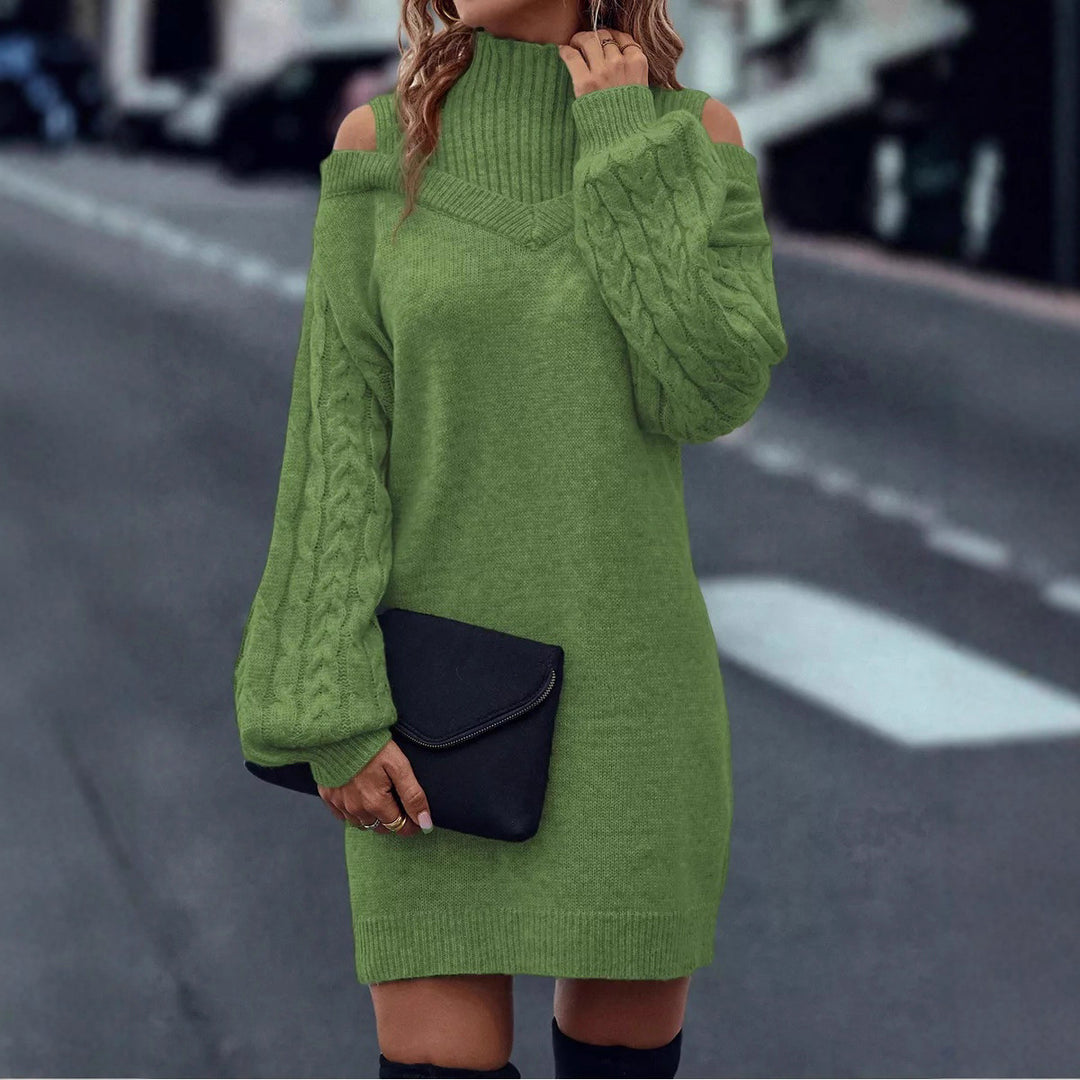 Damen Strickkleid mit geöffneten Schultern und strukturiertem Stehkragen EB