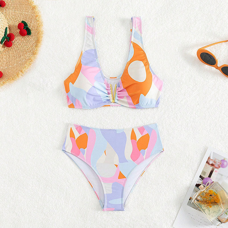 Damen Hoch geschnittenes Bikini-Set mit modischem V-Ausschnitt EB