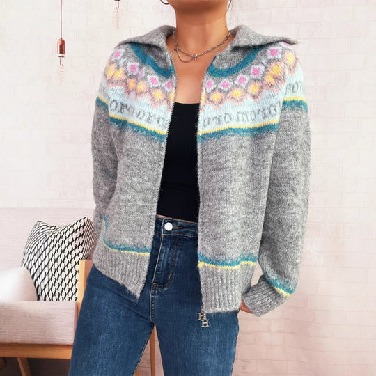 Damen Strickjacke mit buntem Muster und hochwertigem Reißverschluss EB