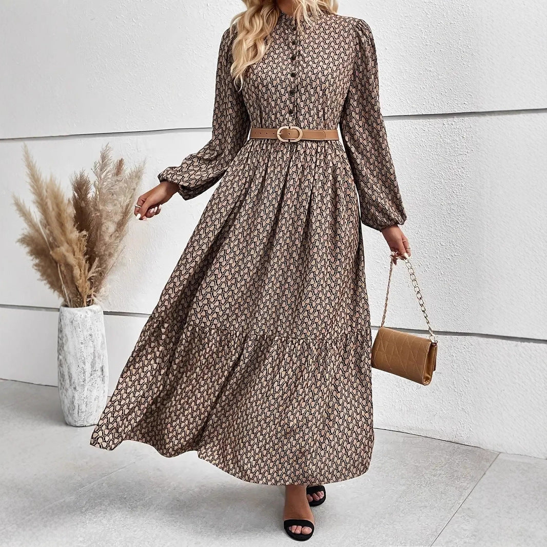 Damen Maxikleid mit raffiniertem Muster und Taillengürtel EB