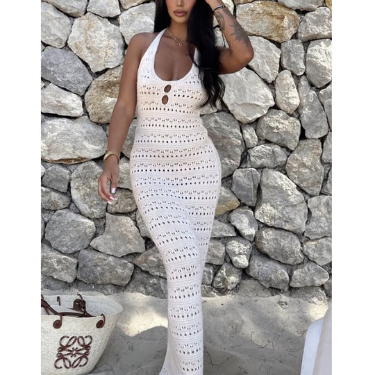 Damen Häkel-Maxikleid mit modischen Cut-Outs und lockerer Passform EB
