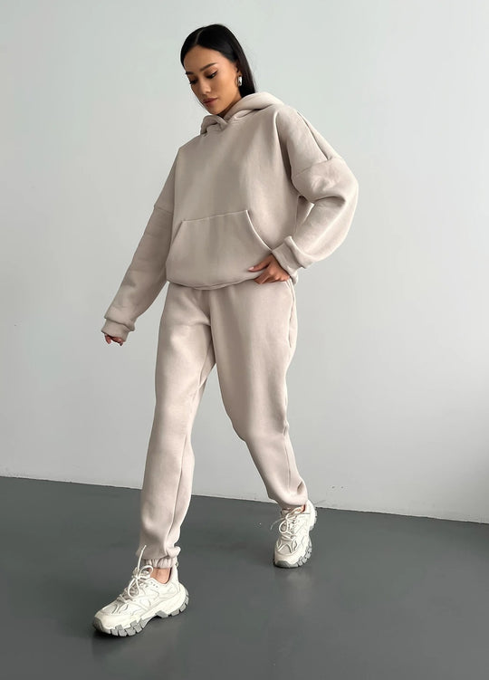Damen nan zweiteiliges Komfort-Loungewear-Set mit oversized Kapuzenpullover, Kängurutasche und elastischem Knöchel-Jogger aus French Terry EB