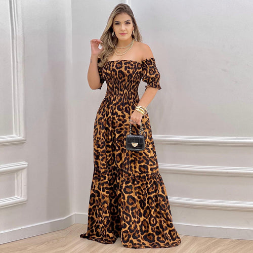 Damen Off-Shoulder Maxikleid mit voluminösen Puffärmeln und nostalgischer Raffung EB