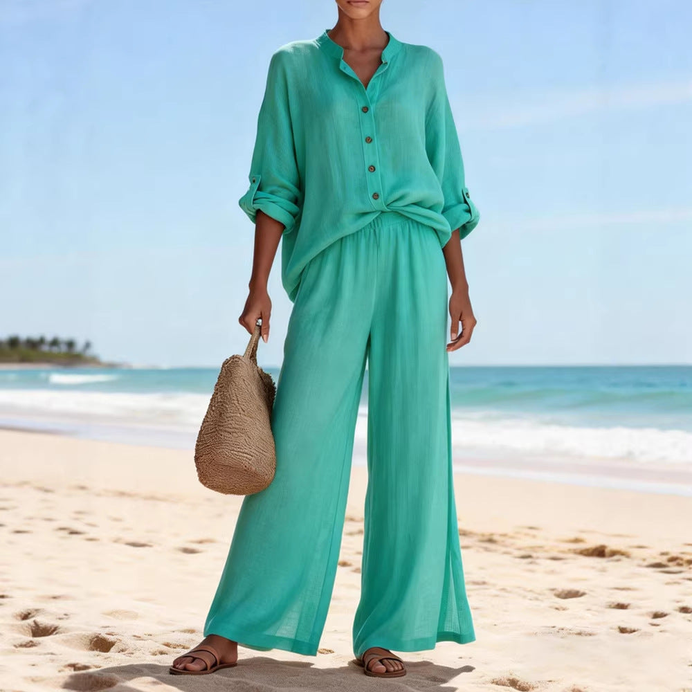 Damen Luftige Leinenbluse und weite Hose EB