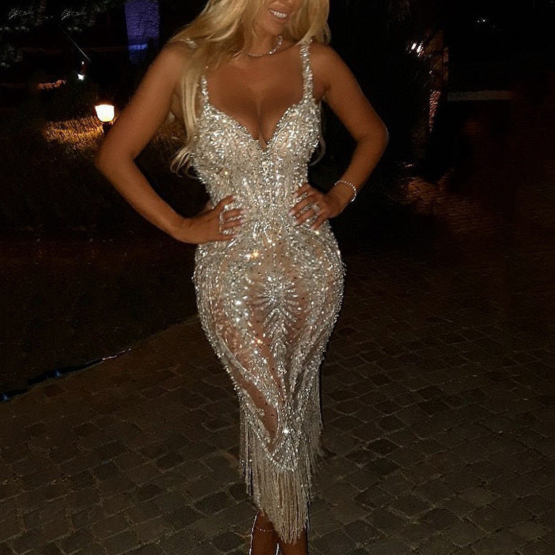 Damen Glamouröses Abendkleid mit funkelnden Pailletten und Fransen EB