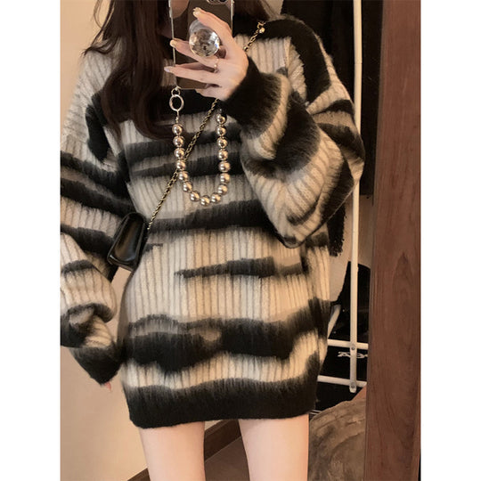 Damen Grobstrickpullover mit modernem Blockstreifenmuster und lockerer Passform EB