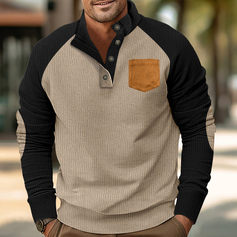 Herren Geripptes Henley‑Pullover mit Raglanärmeln, Ellenbogen‑Patches & Brusttasche EB