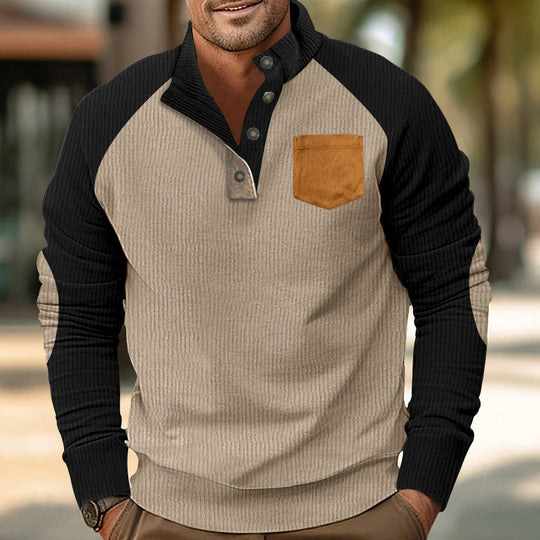 Herren Geripptes Henley‑Pullover mit Raglanärmeln, Ellenbogen‑Patches & Brusttasche EB