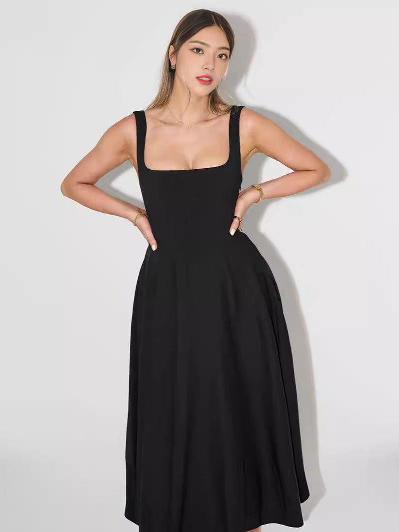 Damen A-Linien Maxikleid mit quadratischem Ausschnitt und fließendem Stoff EB