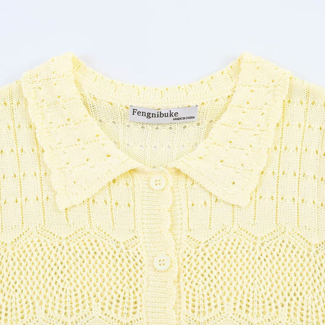 Damen luftige Strickjacke mit feinen Lochmustern und knöpfbarem Design EB