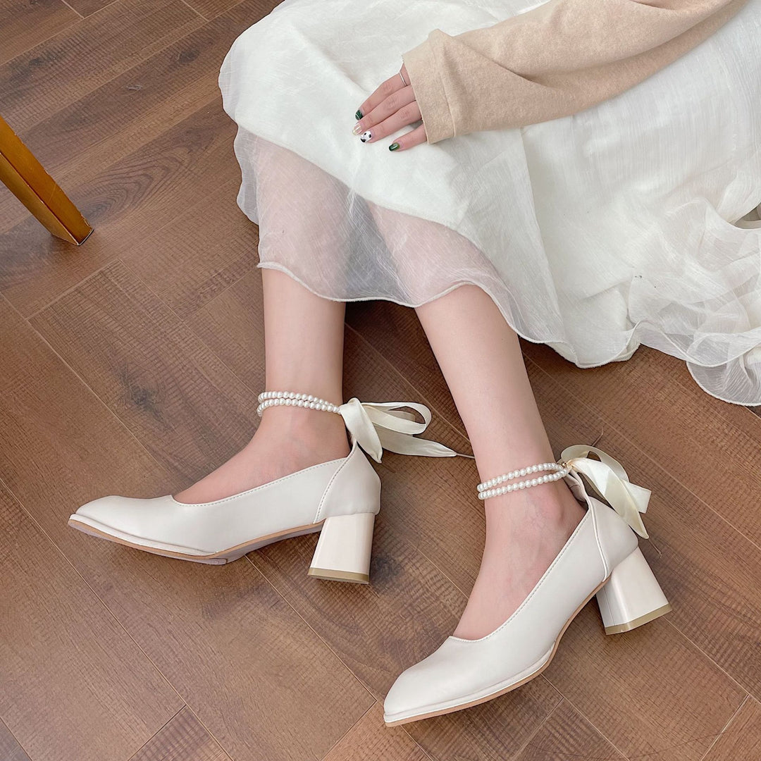 Damen elegante Absatzschuhe mit Perlenschmuck und Schleifen EB