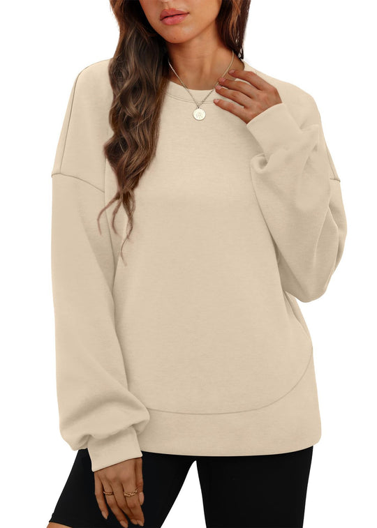 Damen nan lässiges Oversize Rundhals-Sweatshirt mit überschnittener Schulter gerundetem Saum und weichem Innenfutter EB