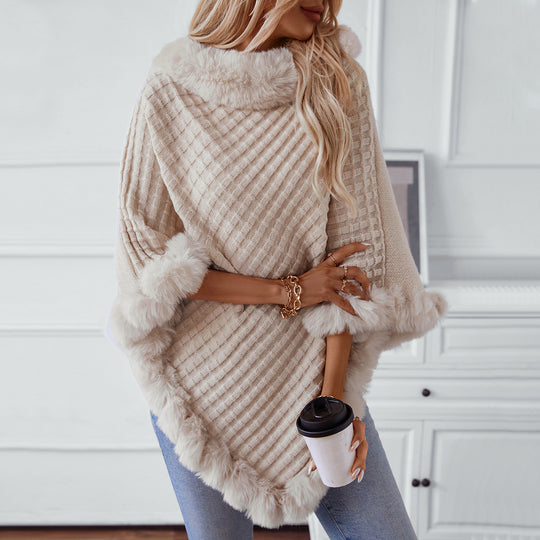 Damen kuschelige Strickdecke mit luxuriösem Kunstfellbesatz EB