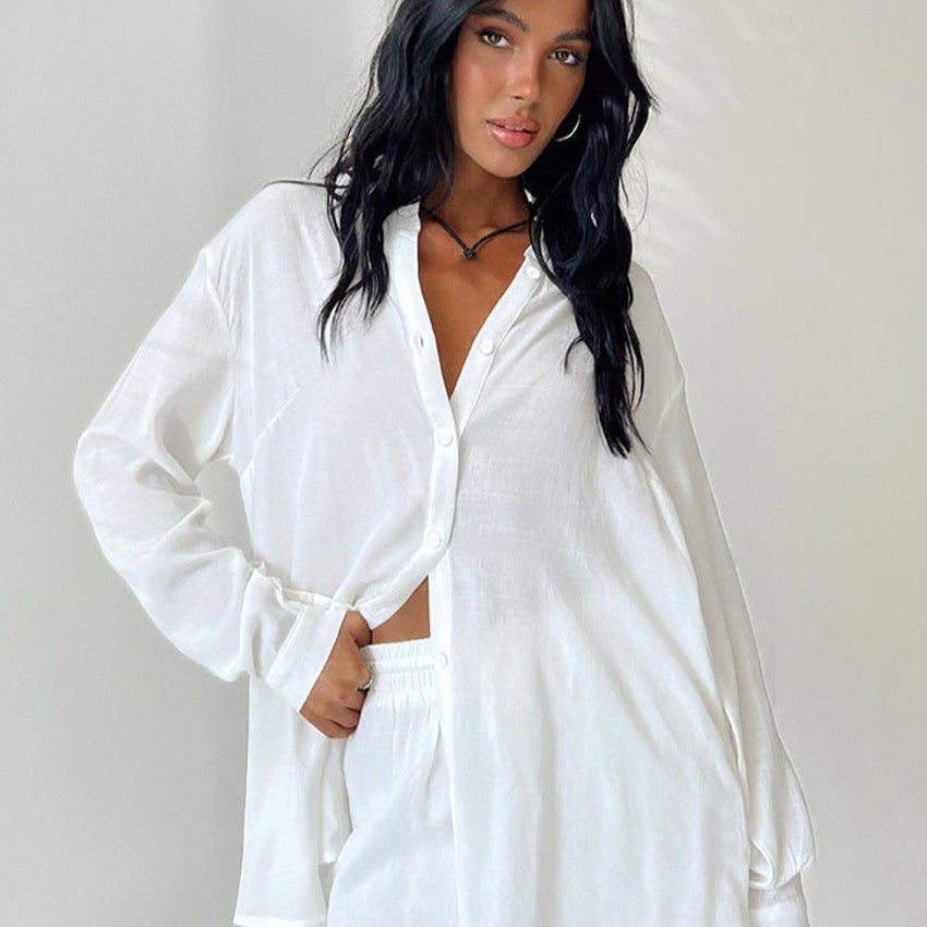 Damen Lässiges und luftiges Pyjama-Set mit Button-Down-Shirt und Shorts EB