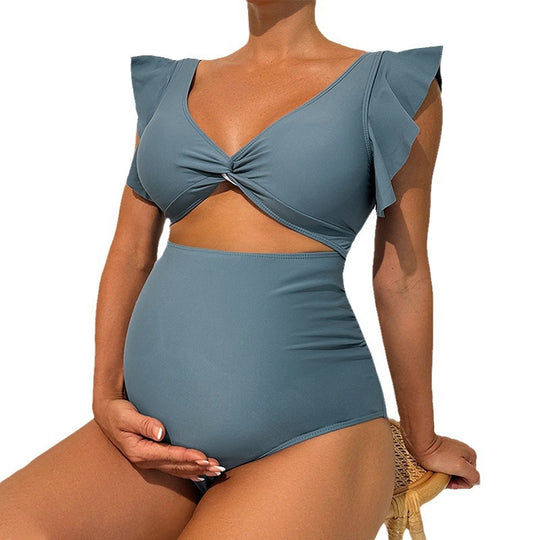 Damen Einteiler Badeanzug mit Rüschendetails und tiefem V-Ausschnitt EB