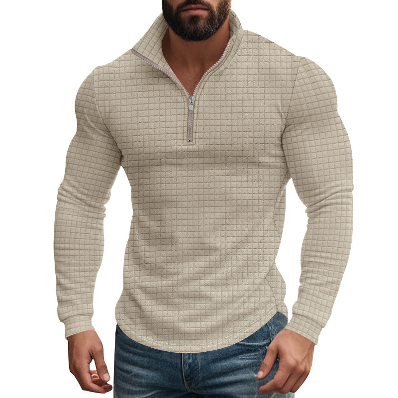Herren nan strukturierter Grid-Halbzip-Pullover mit hohem Stehkragen und elastischem Komfortsaum EB