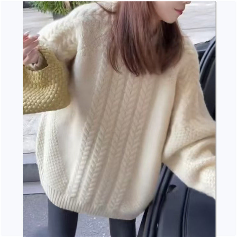 Damen Grobstrickpullover mit modischem Zopfmuster und überschnittenen Schultern EB